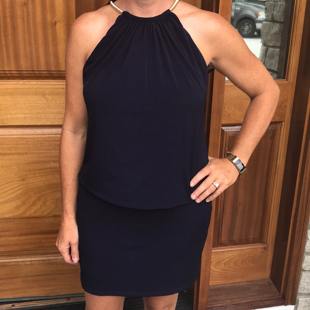 Blue dress with gold chain collar